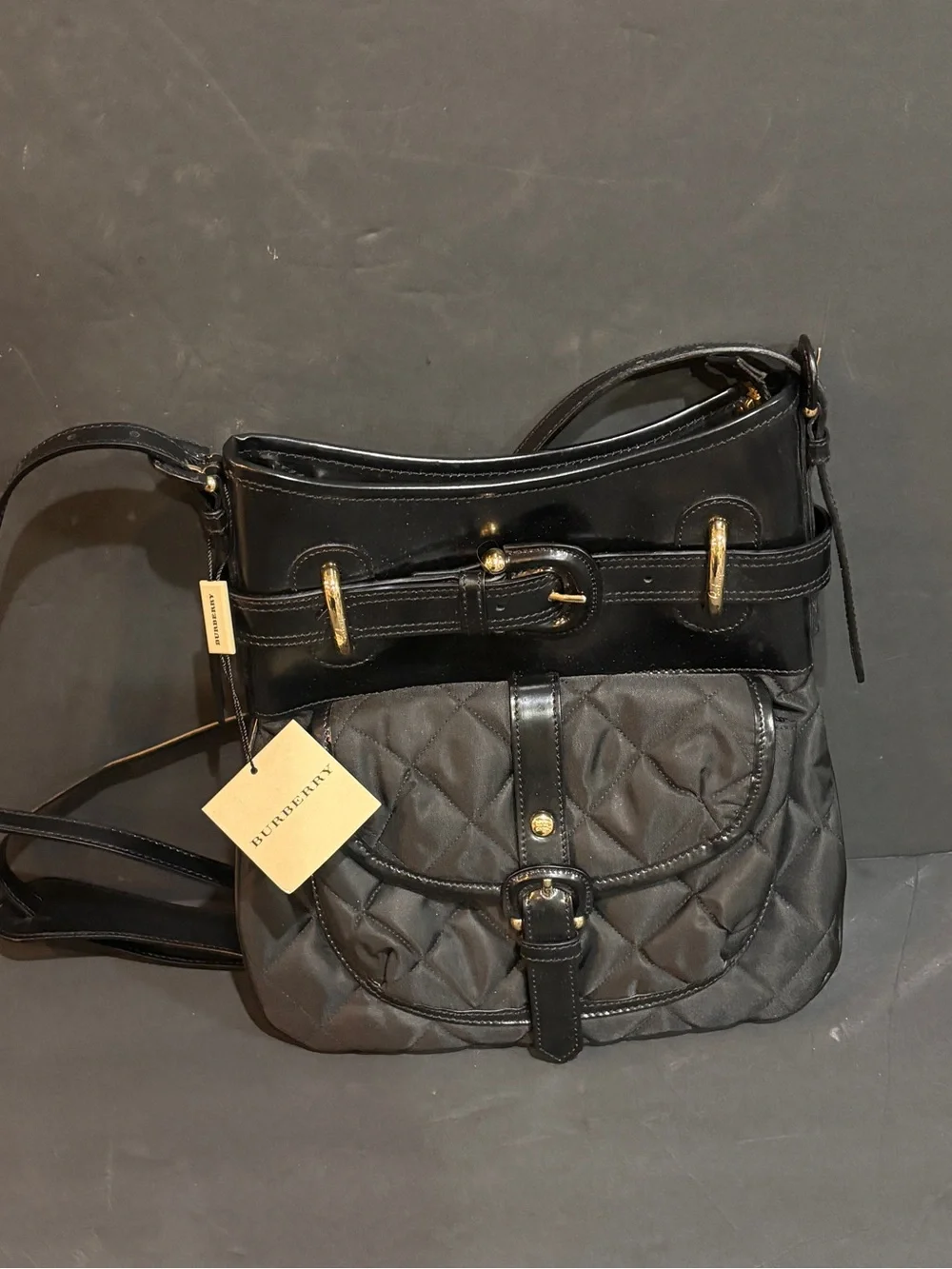 Burberry Bolton Leather Trim Quilted Nylon Crossbody Bag Black Made in Italy NWT